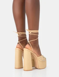 New Crete Raffia Diamante Twist Strap Lace Up Platform Block Heels Diamante Heels | Lace Up Heels