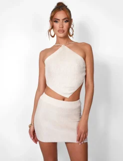Best Sale Crochet Halter Neck Backless Top Beige Co-ords | Tops