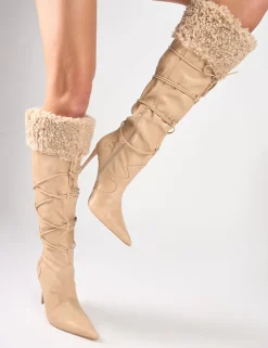 Outlet Crusader Fur Trim Western Inspired Pointed Toe Boots Knee High Boots | Long Boots