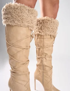 Outlet Crusader Fur Trim Western Inspired Pointed Toe Boots Knee High Boots | Long Boots
