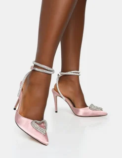 Flash Sale Cupid Baby Satin Diamante Wrap Around Pointed Stiletto Heels Diamante Heels | Pink Heels