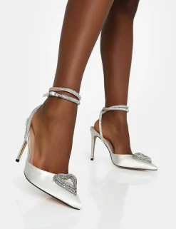 Online Cupid Off White Satin Diamante Heart Wrap Around Court Stiletto Heels Court Heels | Diamante Heels
