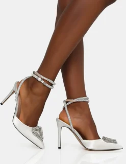 Online Cupid Off White Satin Diamante Heart Wrap Around Court Stiletto Heels Court Heels | Diamante Heels