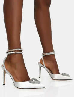 Online Cupid Off White Satin Diamante Heart Wrap Around Court Stiletto Heels Court Heels | Diamante Heels