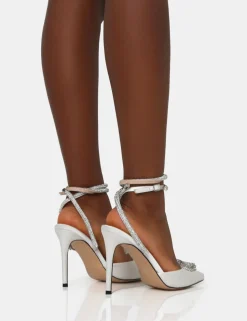 Online Cupid Off White Satin Diamante Heart Wrap Around Court Stiletto Heels Court Heels | Diamante Heels