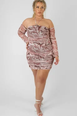 Hot Curve Printed Mesh Ruched Bardot Dress Curve | Sculpt & Leisure