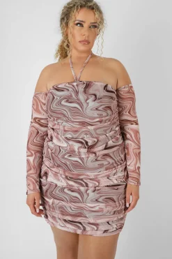 Hot Curve Printed Mesh Ruched Bardot Dress Curve | Sculpt & Leisure