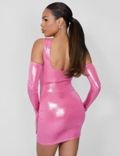 Cheap Cut Away Knotted Detail Metallic Mini Dress Pink Dresses