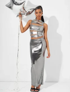 Discount Cut Out Crop Top Co Ord in Metallic Co-ords | Tops