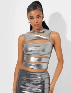 Discount Cut Out Crop Top Co Ord in Metallic Co-ords | Tops