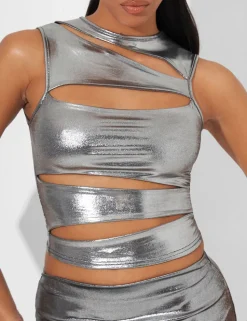 Discount Cut Out Crop Top Co Ord in Metallic Co-ords | Tops