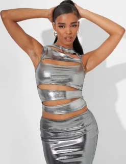Discount Cut Out Crop Top Co Ord in Metallic Co-ords | Tops