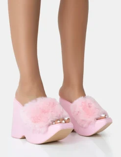 Fashion Cutie Faux Fur Platform Wedge Heels Pink Heels | Wedges