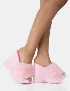 Fashion Cutie Faux Fur Platform Wedge Heels Pink Heels | Wedges