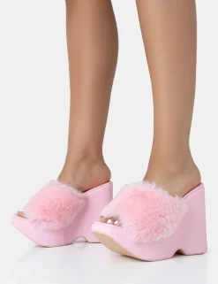 Fashion Cutie Faux Fur Platform Wedge Heels Pink Heels | Wedges