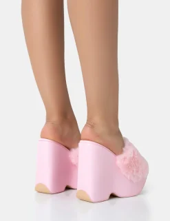 Fashion Cutie Faux Fur Platform Wedge Heels Pink Heels | Wedges