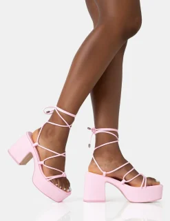 Discount Darcy Baby Strappy Lace Up Square Toe Mid Flatform Heels Strappy Heels | Pink Heels