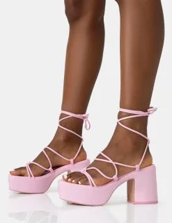 Discount Darcy Baby Strappy Lace Up Square Toe Mid Flatform Heels Strappy Heels | Pink Heels