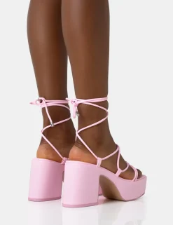 Discount Darcy Baby Strappy Lace Up Square Toe Mid Flatform Heels Strappy Heels | Pink Heels