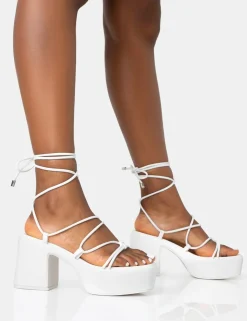 Best Sale Darcy Ecru Pu Strappy Lace Up Square Toe Mid Flatform Heels Strappy Heels | Pink Heels