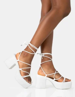 Best Sale Darcy Ecru Pu Strappy Lace Up Square Toe Mid Flatform Heels Strappy Heels | Pink Heels