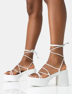 Best Sale Darcy Ecru Pu Strappy Lace Up Square Toe Mid Flatform Heels Strappy Heels | Pink Heels