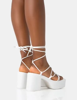 Best Sale Darcy Ecru Pu Strappy Lace Up Square Toe Mid Flatform Heels Strappy Heels | Pink Heels