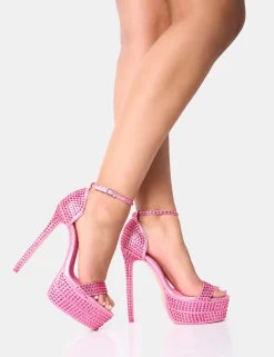 Hot Date-Me Metallic Diamante Barely There Platform Heels Pink Heels | Diamante Heels