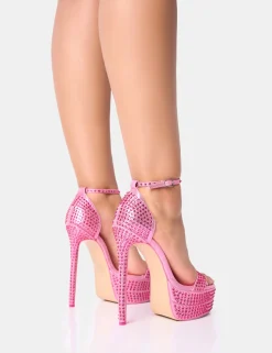 Hot Date-Me Metallic Diamante Barely There Platform Heels Pink Heels | Diamante Heels