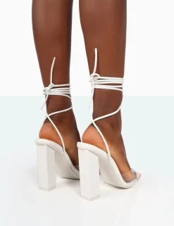 Best Sale Date-Night Wide Fit White Croc Lace Up Clear Perspex Square Toe Heels Lace Up Heels | Perspex Heels