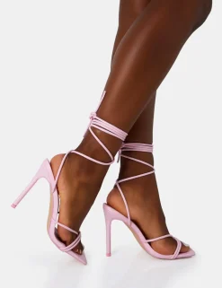 Sale Dax Baby Pu Barely There Lace Up Square Toe Stiletto Heels Barely There Heels | Pink Heels
