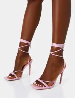 Sale Dax Baby Pu Barely There Lace Up Square Toe Stiletto Heels Barely There Heels | Pink Heels
