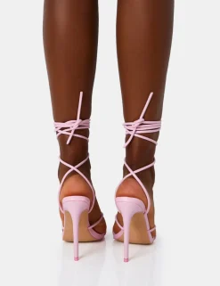Sale Dax Baby Pu Barely There Lace Up Square Toe Stiletto Heels Barely There Heels | Pink Heels