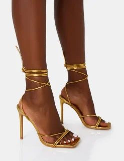 Discount Dax PU Barely There Lace Up Square Toe Stiletto Heels Barely There Heels | Gold Heels