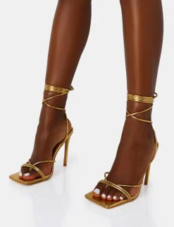 Discount Dax PU Barely There Lace Up Square Toe Stiletto Heels Barely There Heels | Gold Heels