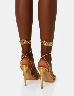 Discount Dax PU Barely There Lace Up Square Toe Stiletto Heels Barely There Heels | Gold Heels
