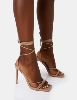 Flash Sale Dax Nude PU Barely There Lace Up Square Toe Stiletto Heels Barely There Heels | Square Toe Heels