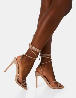 Flash Sale Dax Nude PU Barely There Lace Up Square Toe Stiletto Heels Barely There Heels | Square Toe Heels