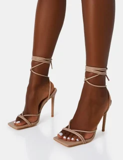 Flash Sale Dax Nude PU Barely There Lace Up Square Toe Stiletto Heels Barely There Heels | Square Toe Heels