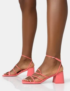 Shop Dayla Coral PU Strappy Square Toe Block Mid Heel Sandals Strappy Heels | Square Toe Heels