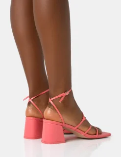 Shop Dayla Coral PU Strappy Square Toe Block Mid Heel Sandals Strappy Heels | Square Toe Heels