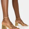 Sale Dayla Strappy Square Toe Block Mid Heel Sandals Strappy Heels | Gold Heels