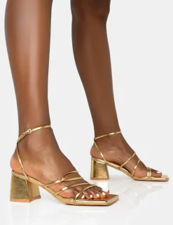 Sale Dayla Strappy Square Toe Block Mid Heel Sandals Strappy Heels | Gold Heels