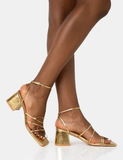 Sale Dayla Strappy Square Toe Block Mid Heel Sandals Strappy Heels | Gold Heels