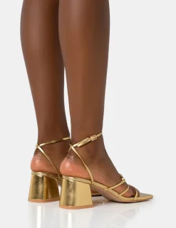 Sale Dayla Strappy Square Toe Block Mid Heel Sandals Strappy Heels | Gold Heels