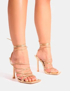 Store Delphini Extreme Lace Up Square Toe Heels Strappy Heels | Gold Heels
