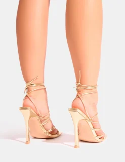 Store Delphini Extreme Lace Up Square Toe Heels Strappy Heels | Gold Heels