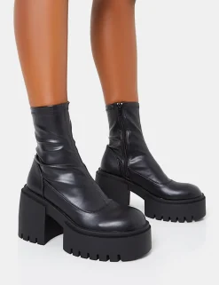 Shop Demeter Black Pu Chunky Heeled Platform Ankle Boots Chunky Boots | Ankle Boots