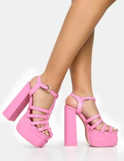Cheap Denver Baby Woven Double Platform Sandal Heels Pink Heels | Block Heels