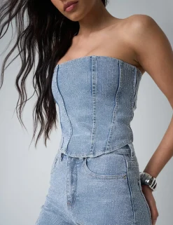 Cheap Diamante Denim Corset Co-ords | Tops